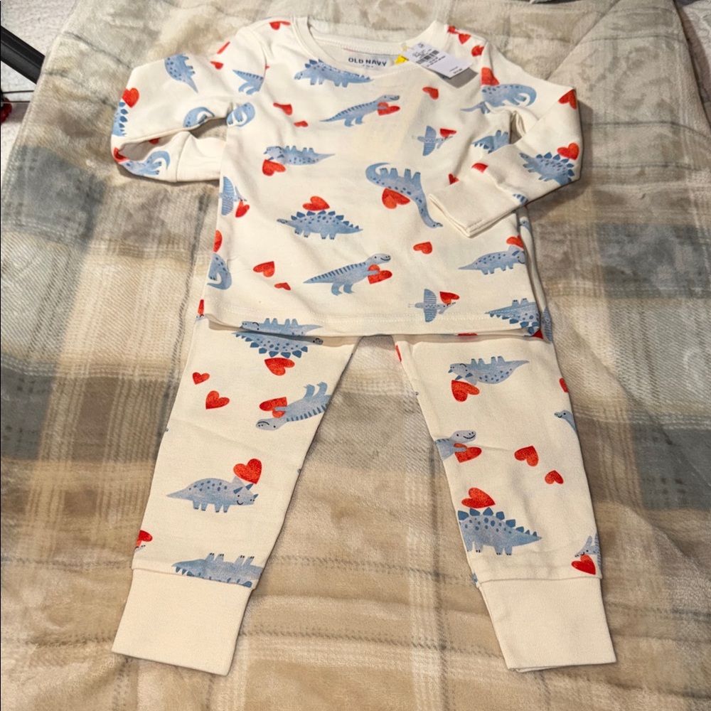 Old Navy Kids Pajama Set - Cream with Blue and Red Dinosaurs